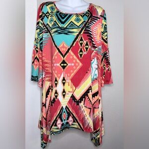 C.U.K.Y. Red Teal Aztec Geometric Print Flowy Blouse Women 3XL